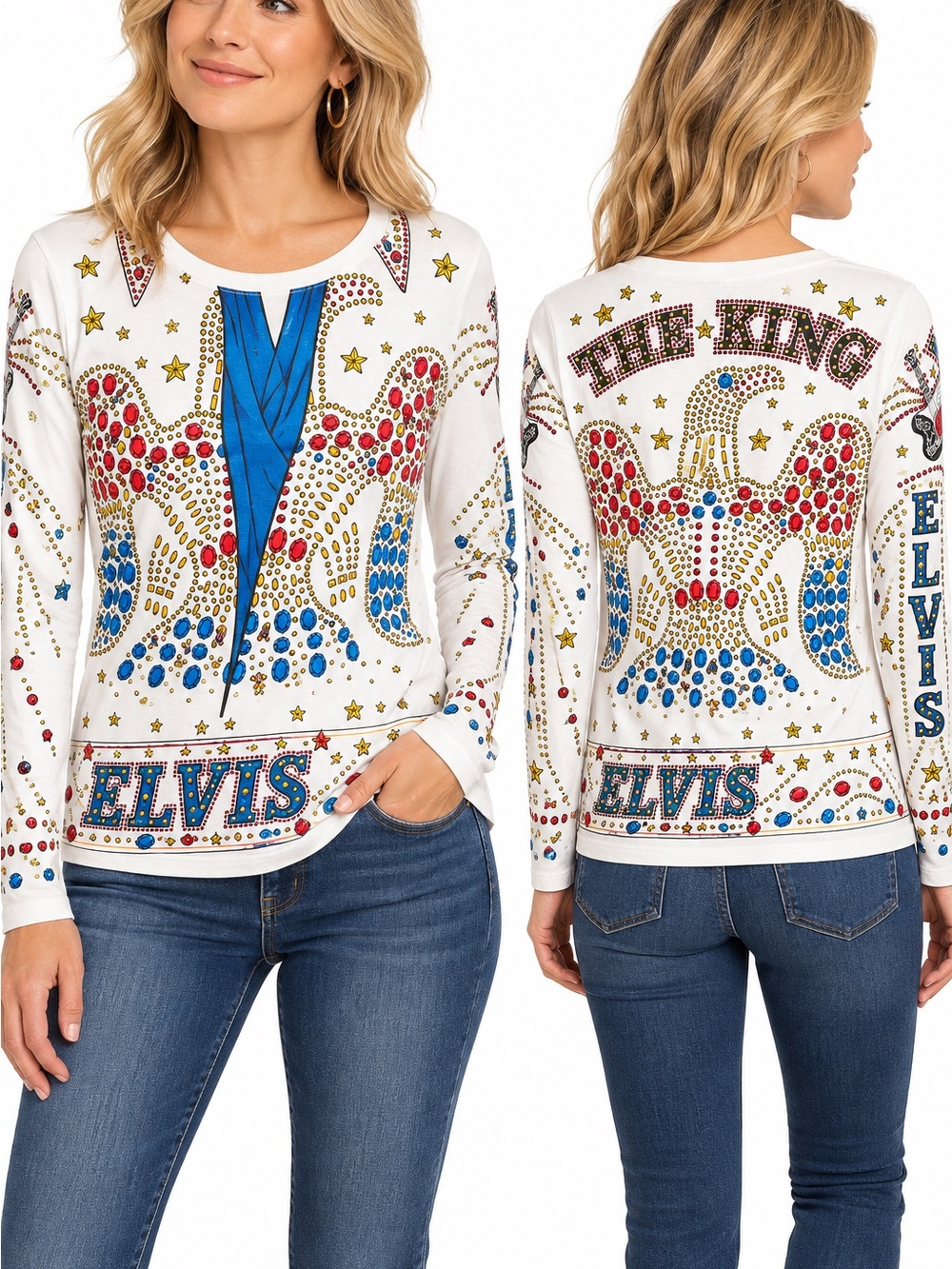 White Elvis-Embellished Graphic Long-Sleeve Top, size M
